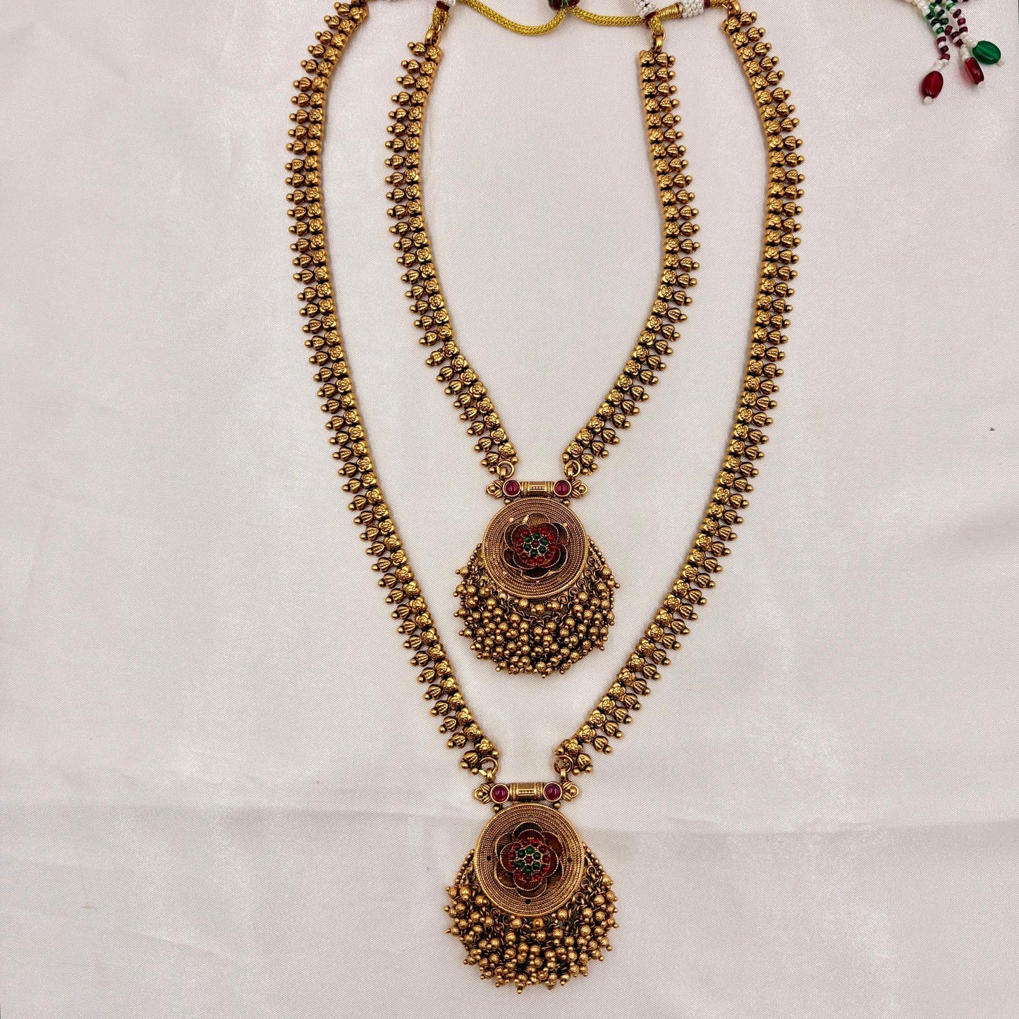 Antique Gold Dual Long Haram Necklace Set with Coin Pendant & Stud Earrings