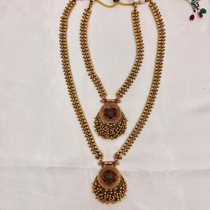 Antique Gold Dual Long Haram Necklace Set with Coin Pendant & Stud Earrings