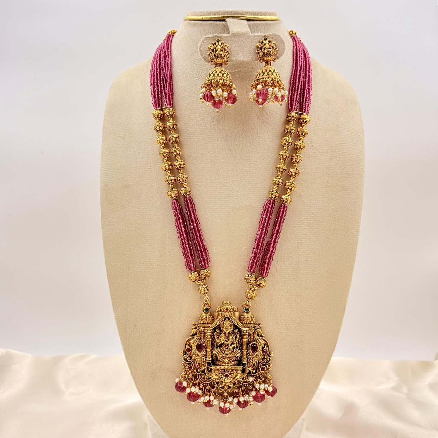 Pink Beads Temple Haaram with Lakshmi Pendant & Jhumka Earrings | Antique Gold Finish