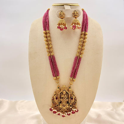 Pink Beads Temple Haaram with Lakshmi Pendant & Jhumka Earrings | Antique Gold Finish