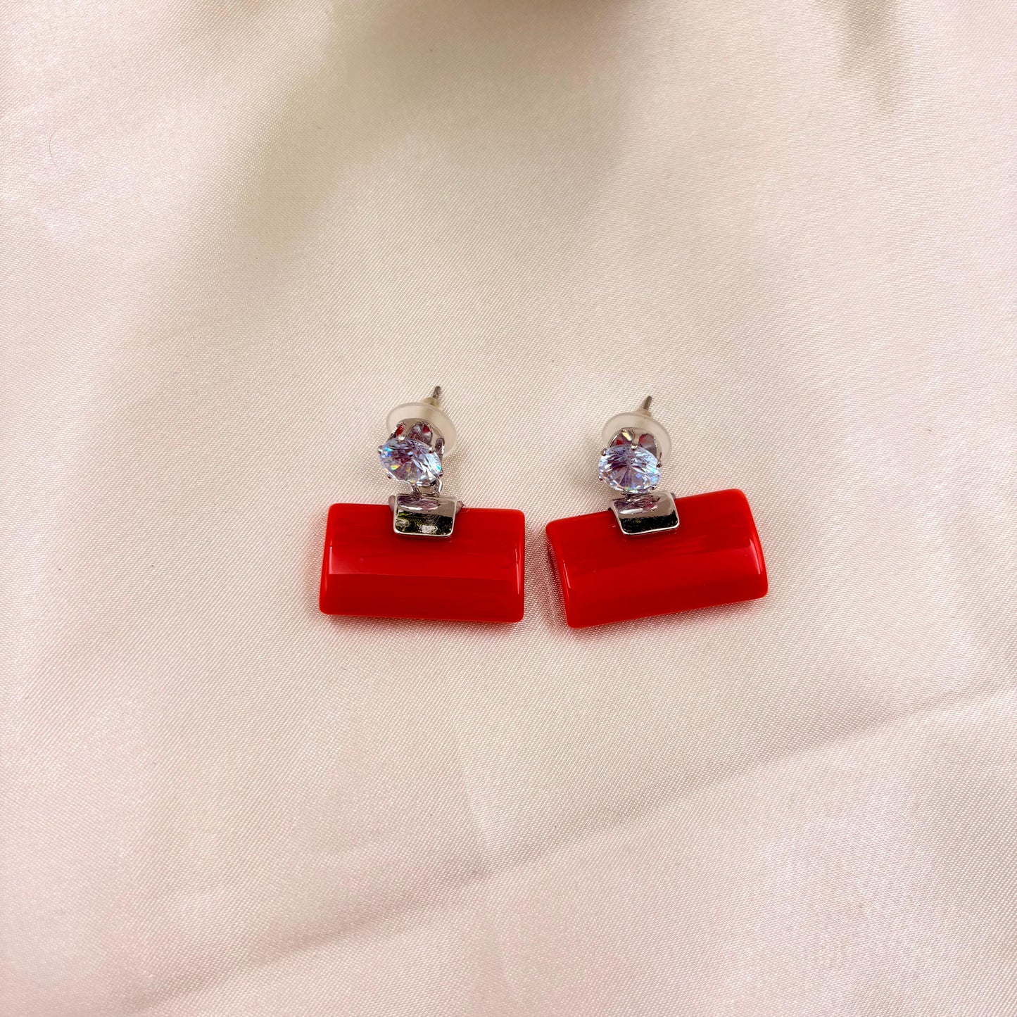 Red Crystal Stud Rectangle Drop Earrings