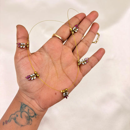 Leaf Motif CZ Wire Necklace Set – Antique Gold Finish
