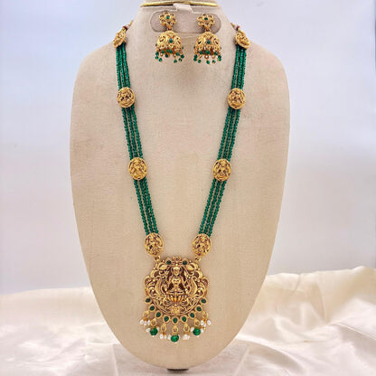 Antique Gold Finish Lakshmi Temple Long Necklace with Green Beads & Jhumka Earrings
