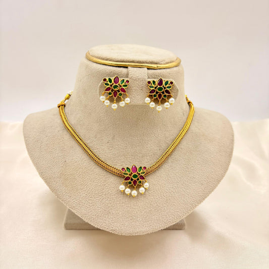 Floral Ruby & Emerald Pendant Necklace Set with Pearls – Traditional Gold Finish Jewellery