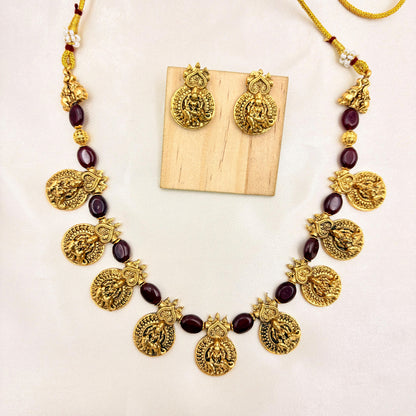 Antique Gold Finish Goddess Coin Temple Necklace Set with Maroon Beads