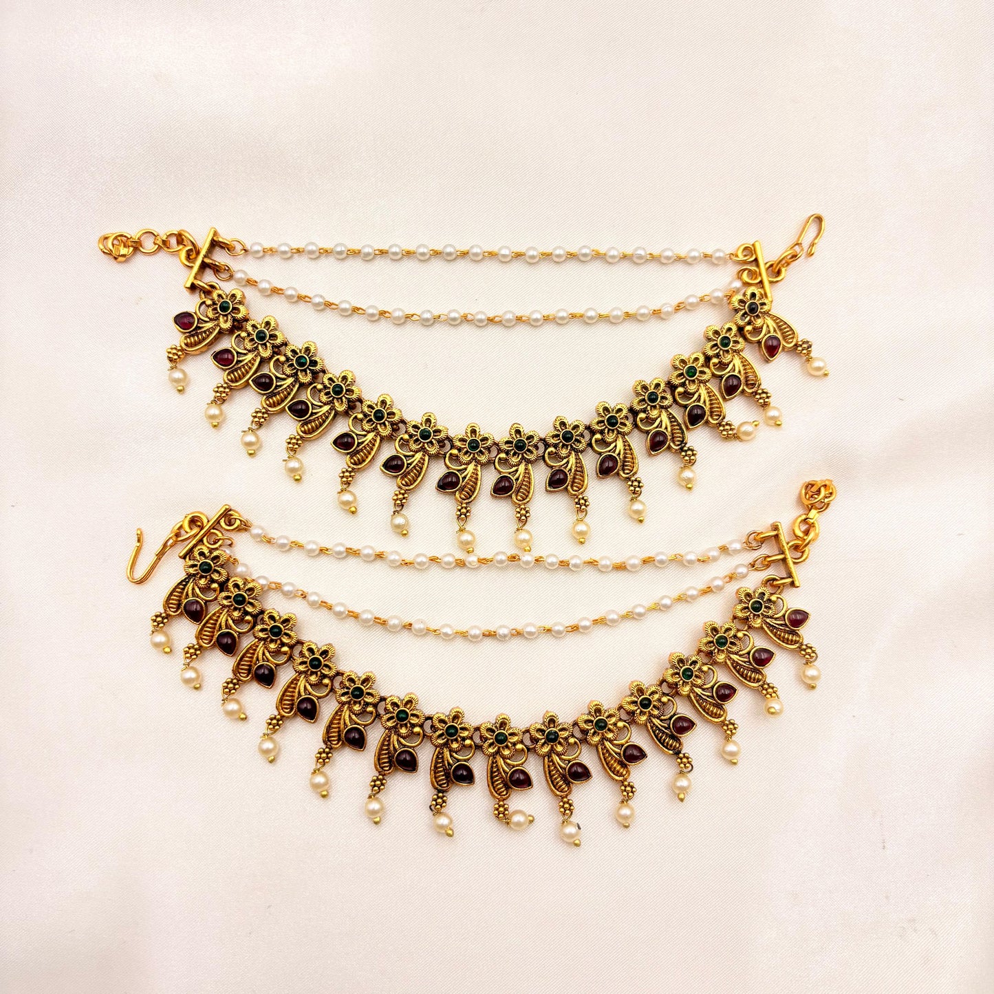 Antique Gold Pearl Matti Hair Accessory – Ruby Stone Floral Bridal Mattal / Temple Hair Jewellery