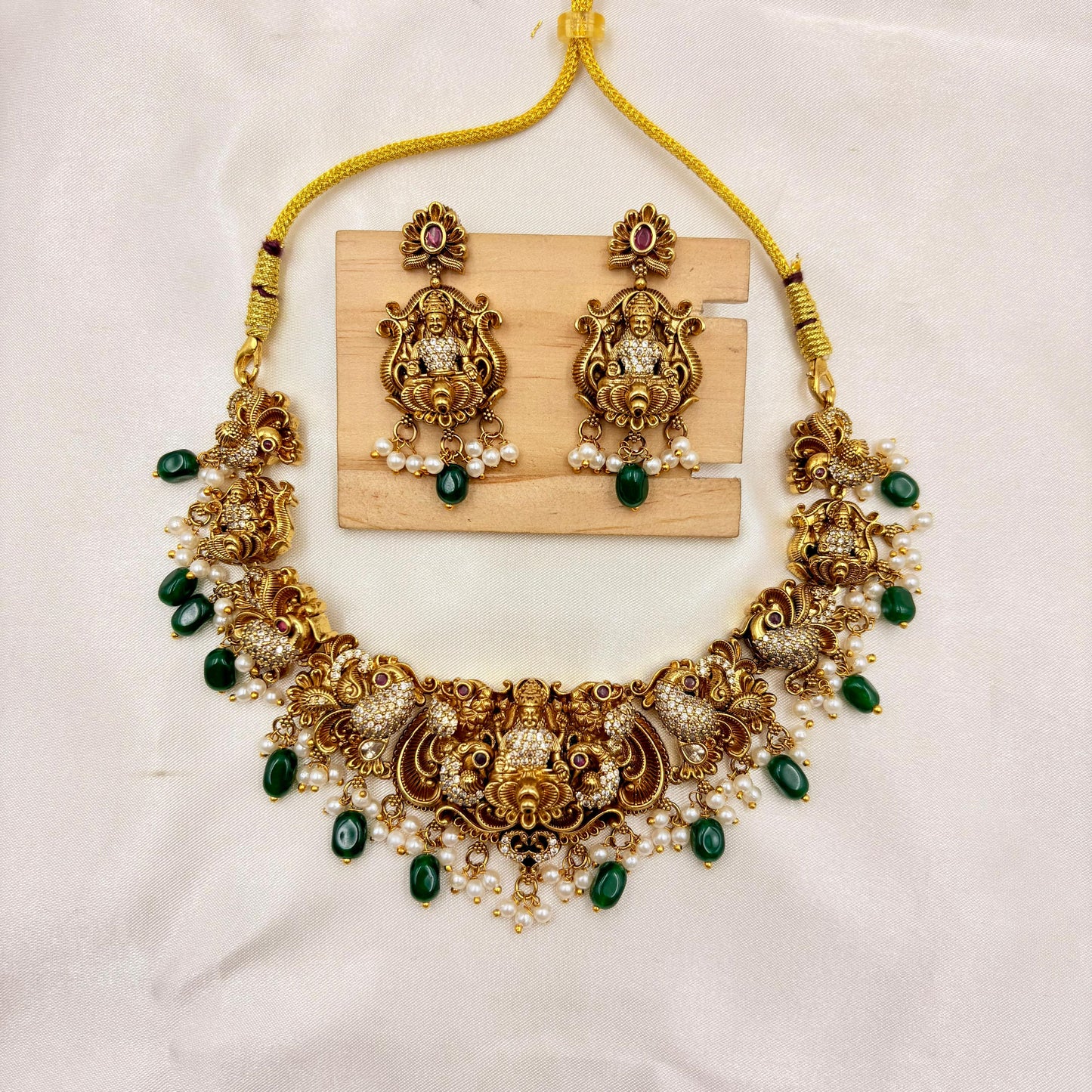 Antique Lakshmi Temple Necklace Set with Green Beads & Pearl Drops – Bridal Jewellery Set