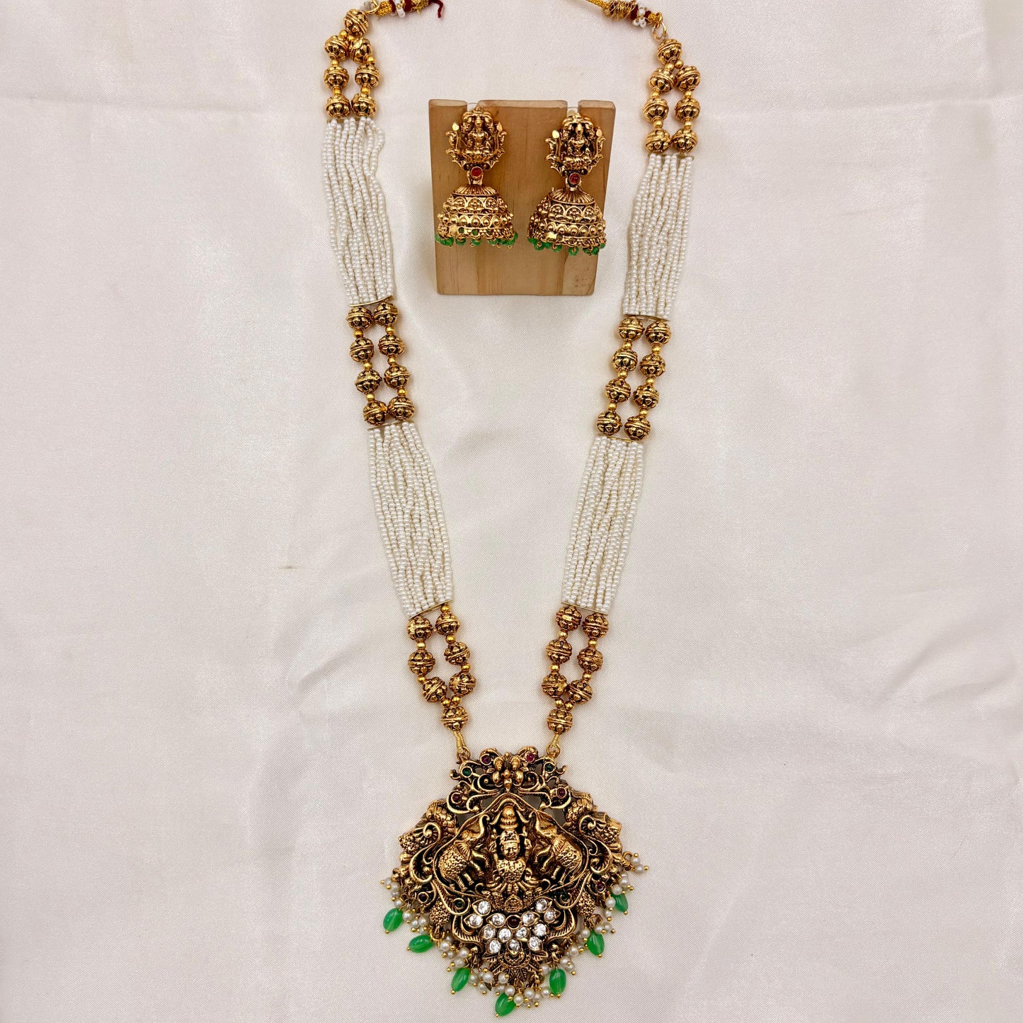 Antique Temple Haaram with Pearl Multi-Strand Mala & Lakshmi Pendant | Green Bead Jhumka Set