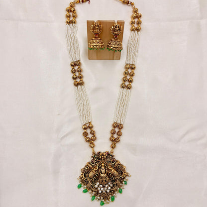 Antique Temple Haaram with Pearl Multi-Strand Mala & Lakshmi Pendant | Green Bead Jhumka Set