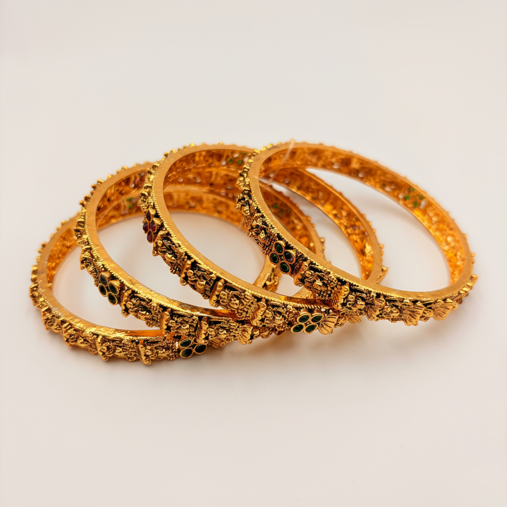 Antique Gold Temple Bangles with Ruby & Emerald Stones – Heavy South Indian Bangle Set (Set of 4)
