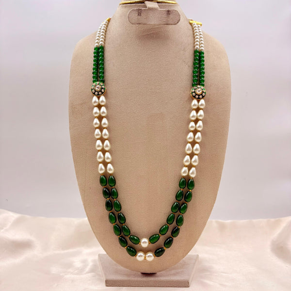 Elegant Green Bead & Pearl Long Necklace with Antique Stone Spacer – Traditional Haaram