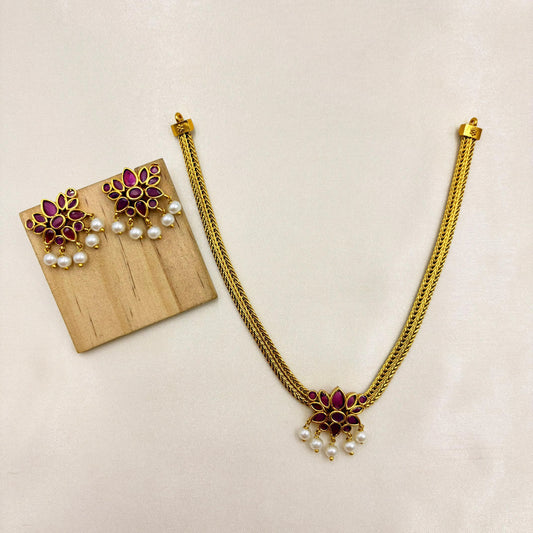 Ruby Floral Pendant Necklace Set with Pearl Drops – Traditional Gold Finish Jewellery