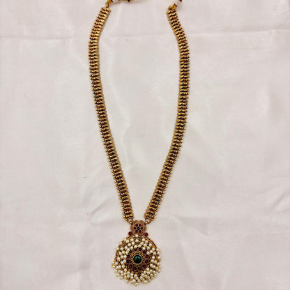 Antique Gold Peacock Pendant Haram with Pearls & Matching Earrings | Traditional Temple Jewelry Set