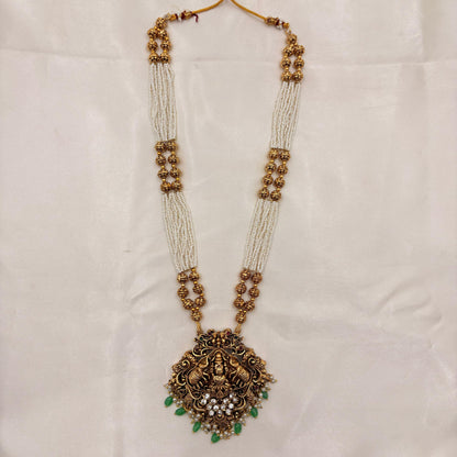 Antique Temple Haaram with Pearl Multi-Strand Mala & Lakshmi Pendant | Green Bead Jhumka Set