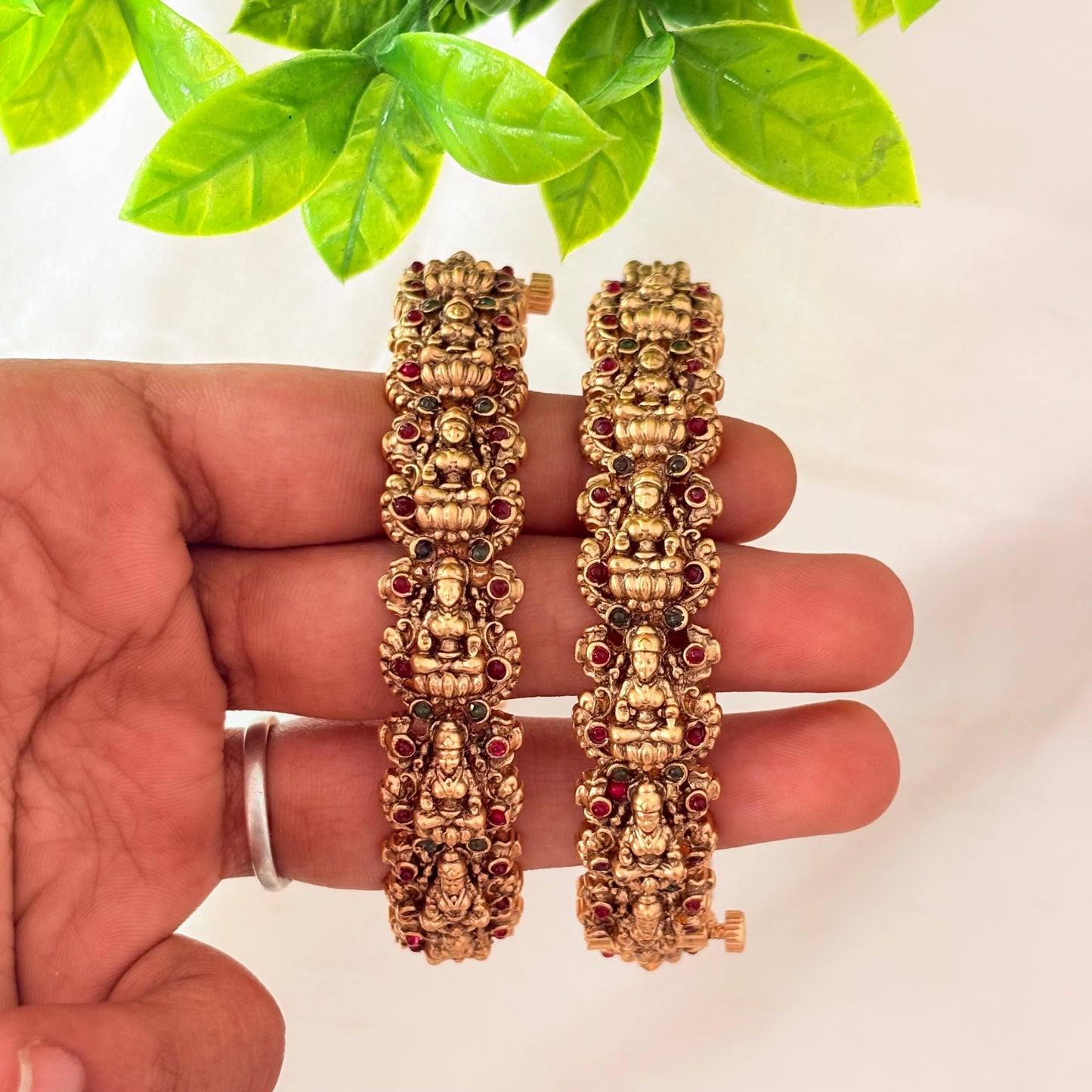 Antique Gold Ganesha Temple Bangles with Ruby & Green Stones – Heavy Bridal Bangles (Pair)