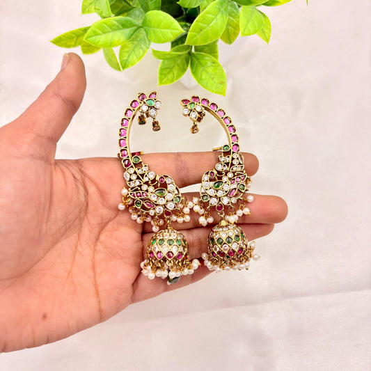 Antique Gold Kundan Chandbali Jhumka Earrings with Pearl Drops