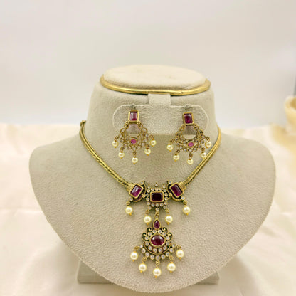 💖 Ruby Stone Pearl Drop Necklace Set