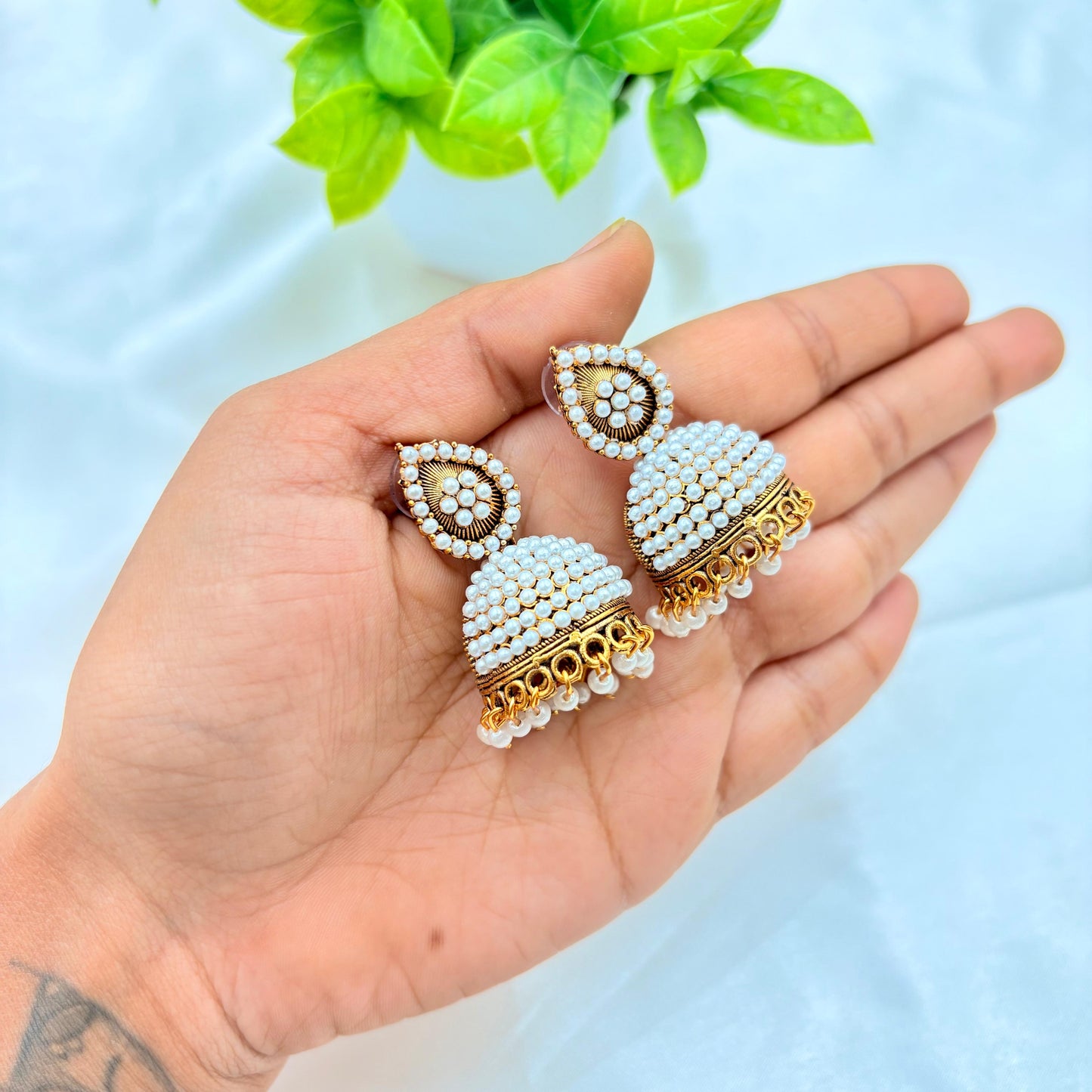White Pearl Kundan Jhumka Earrings – Gold Finish