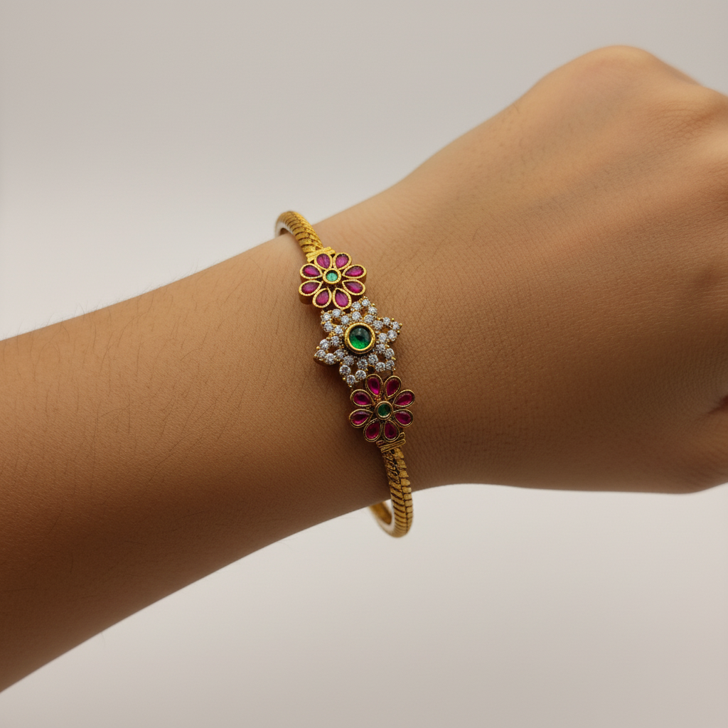 Antique Gold Floral Bangles with Ruby & Emerald Stones – Traditional CZ Bangle Set (Set of 2)
