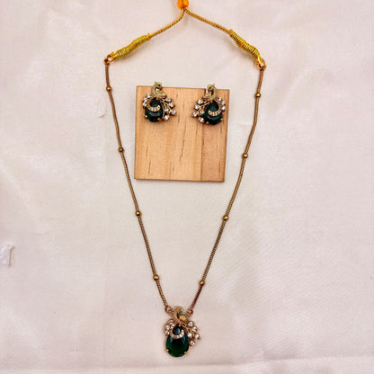 Antique Gold Peacock Pendant Necklace Set with Green Stone