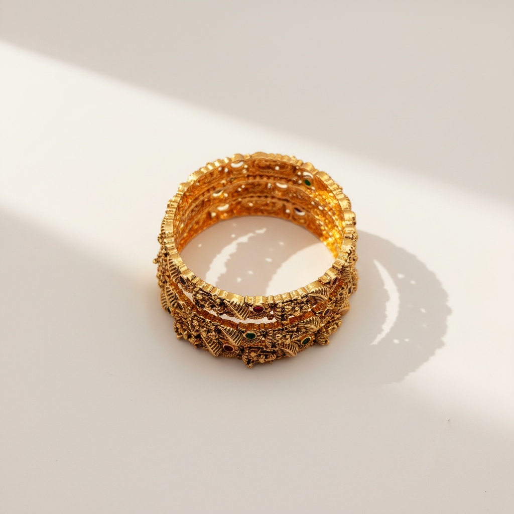 Antique Gold Temple Bangles with Ruby & Emerald Stones – Heavy Traditional Bangle Set (Set of 4)