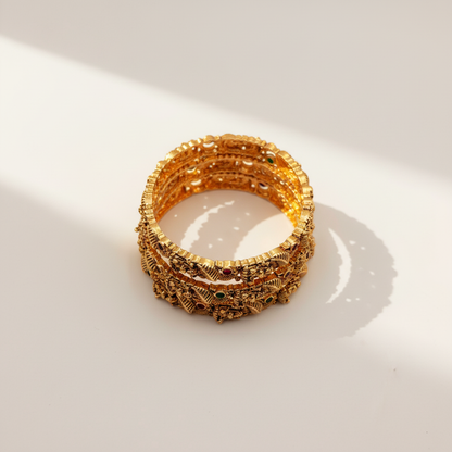 Antique Gold Temple Bangles with Ruby & Emerald Stones – Heavy Traditional Bangle Set (Set of 4)