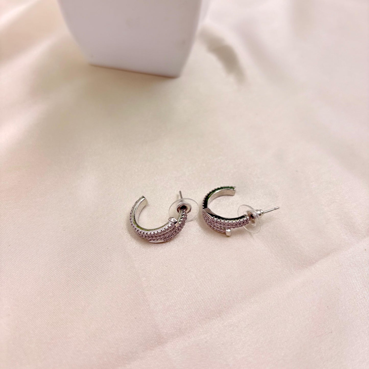 Silver Crystal Half Hoop Stud Earrings – Elegant Everyday Hoops
