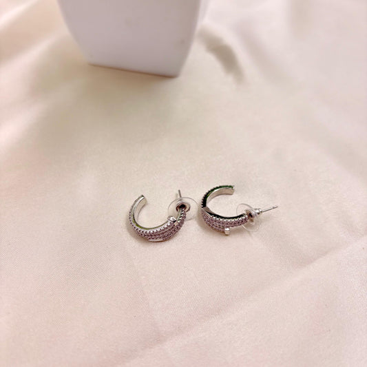 Silver Crystal Half Hoop Stud Earrings – Elegant Everyday Hoops