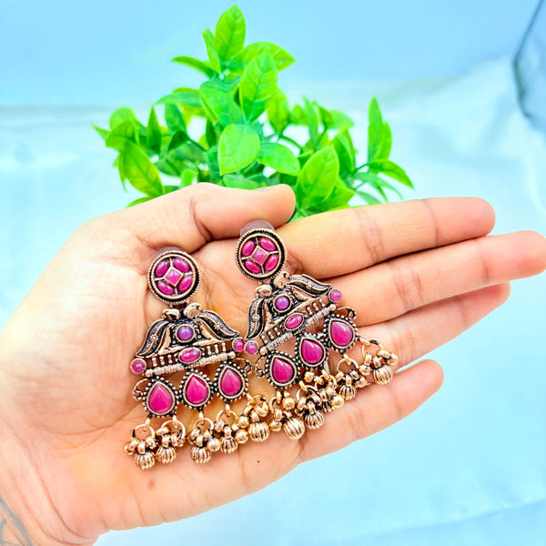 Pink Kundan Jhumka Earrings with Gold Beads – Antique Gold Finish