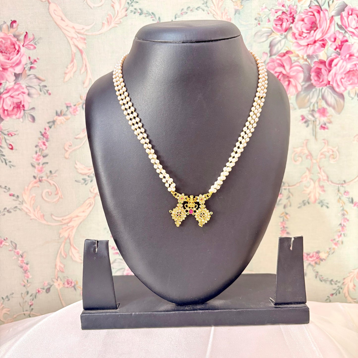 Traditional Gold-Plated Pearl Mala Necklace with Floral Pendant