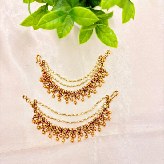Antique Gold Finish Pearl & Ruby Stone Matti (Toe Ring Chain) – Pair