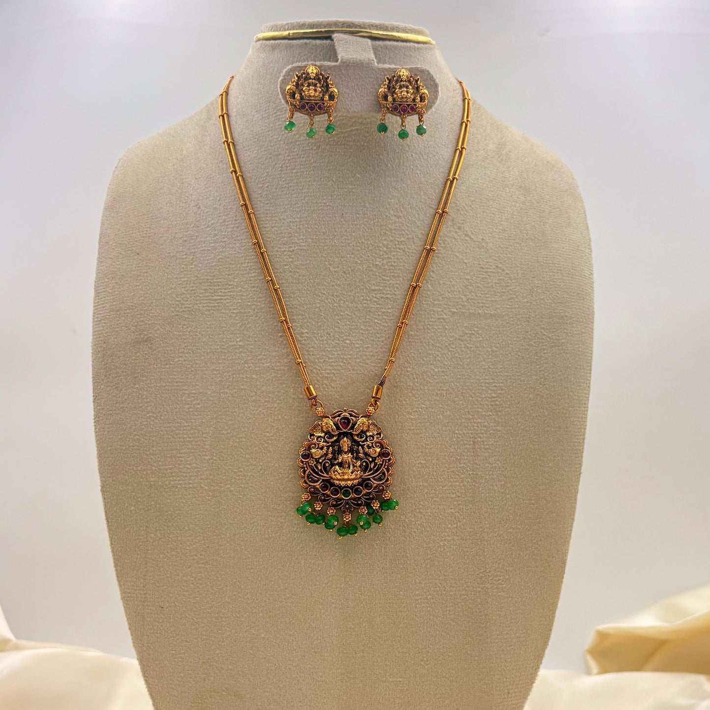 Antique Lakshmi Temple Long Necklace Set – Green Bead Drops