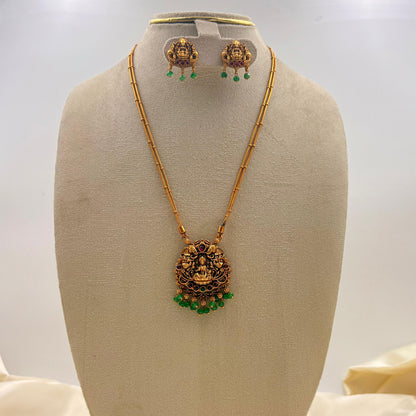 Antique Lakshmi Temple Long Necklace Set – Green Bead Drops