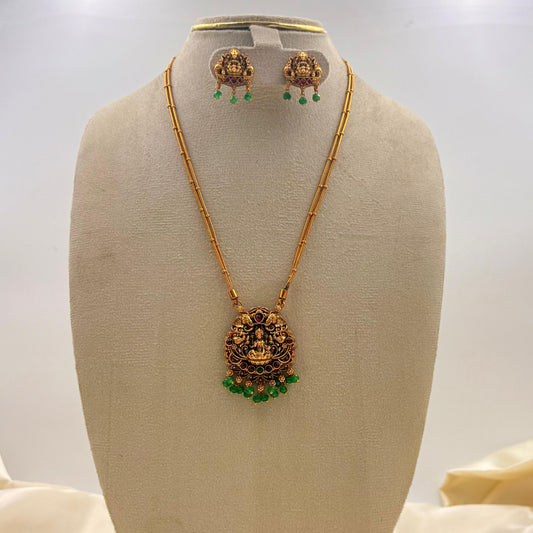 Antique Lakshmi Temple Long Necklace Set – Green Bead Drops