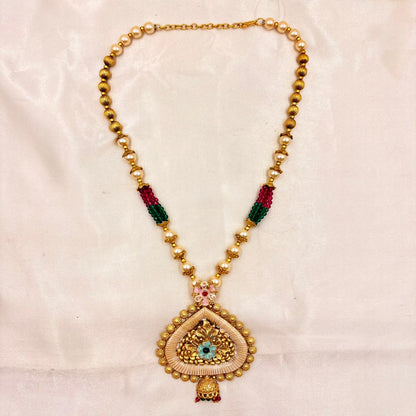 Antique Gold Temple Necklace Set with Matching Earrings – Red & Green Bead Detailing