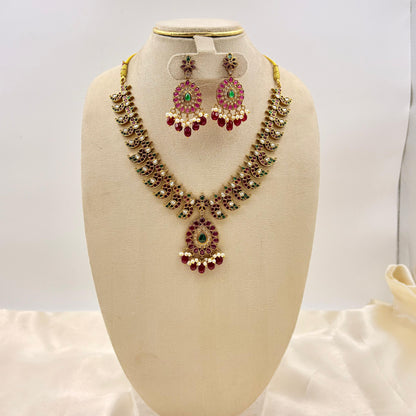 Traditional Multi-Colour Kemp Necklace Set with Earrings – Temple Jewellery Design