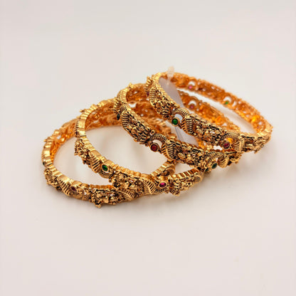 Antique Gold Temple Bangles with Ruby & Emerald Stones – Heavy Traditional Bangle Set (Set of 4)