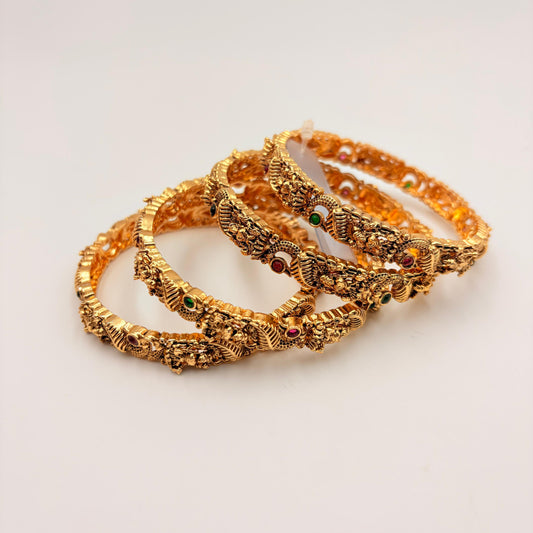 Antique Gold Temple Bangles with Ruby & Emerald Stones – Heavy Traditional Bangle Set (Set of 4)