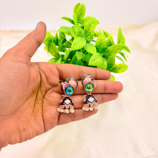 Black Enamel Jhumka Earrings with Green Stone & Pearl Drops