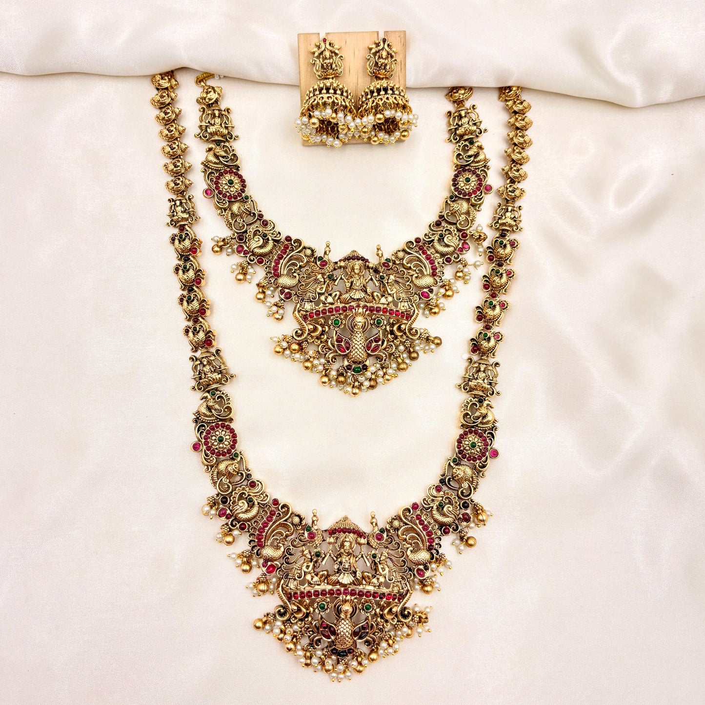 Royal Lakshmi Temple Jewellery Set – Antique Gold Bridal Choker, Long Haram & Pearl Jhumka Earrings