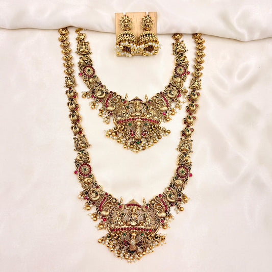 Royal Lakshmi Temple Jewellery Set – Antique Gold Bridal Choker, Long Haram & Pearl Jhumka Earrings