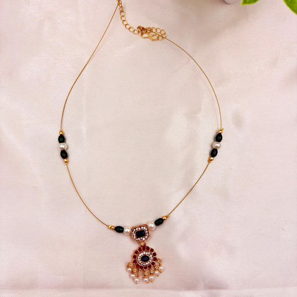 Gold Finish Black Stone Pendant Wire Necklace with Pearl Accents