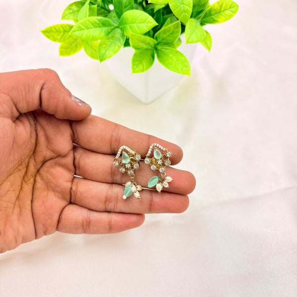Mint Green Stone Floral Earrings with Pearl Drops