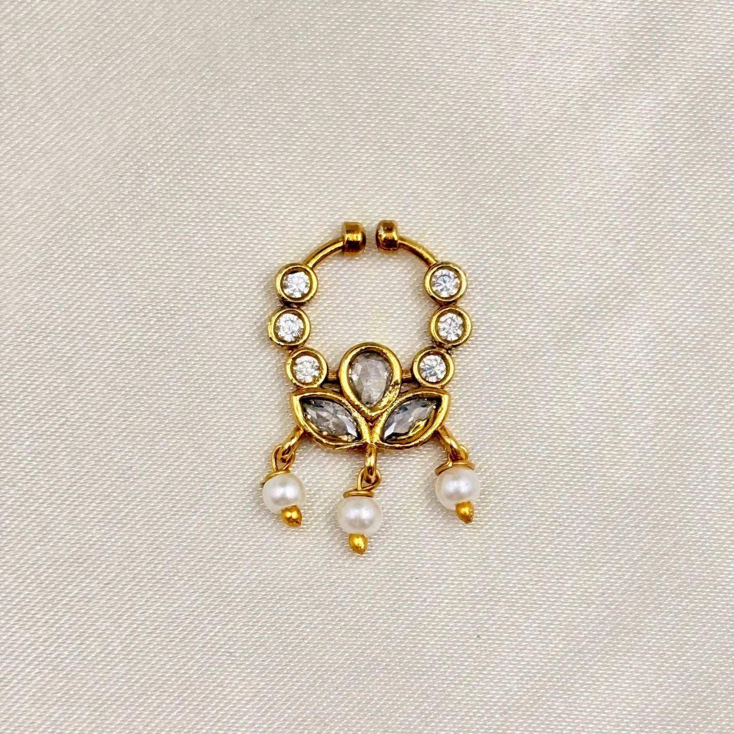 Gold Finish White Stone Nose Pin with Pearl Drops