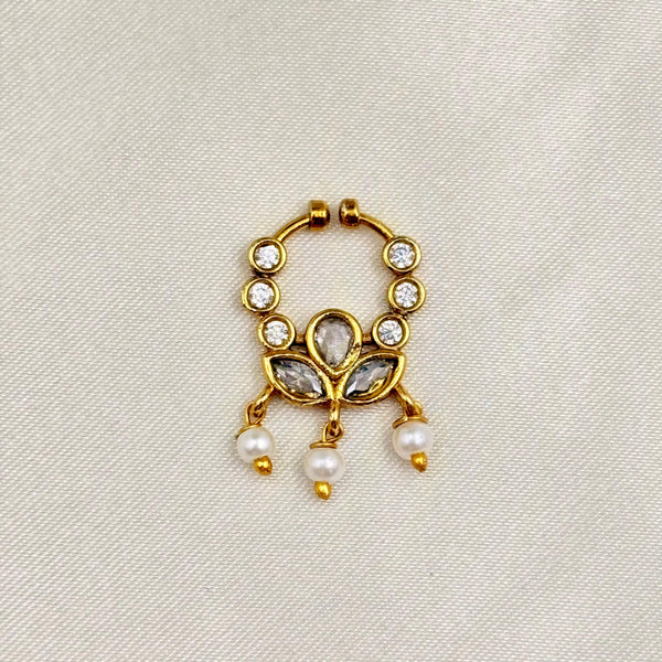 Gold Finish White Stone Nose Pin with Pearl Drops
