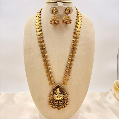 Traditional Long Lakshmi Kasu Mala with Pearl Cluster Pendant & Jhumka Set