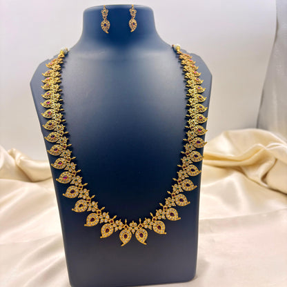 ✨ Ruby Leaf Motif Necklace Set – Elegant • Festive • Statement