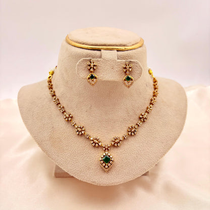 Emerald Green Stone CZ Floral Necklace Set – Gold Finish Jewellery