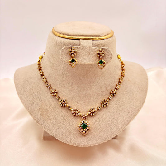 Emerald Green Stone CZ Floral Necklace Set – Gold Finish Jewellery