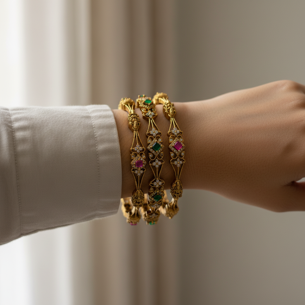 Antique Gold Multi-Stone Bangles with Ruby & Emerald Accents – Traditional CZ Bangle Set (Set of 4)